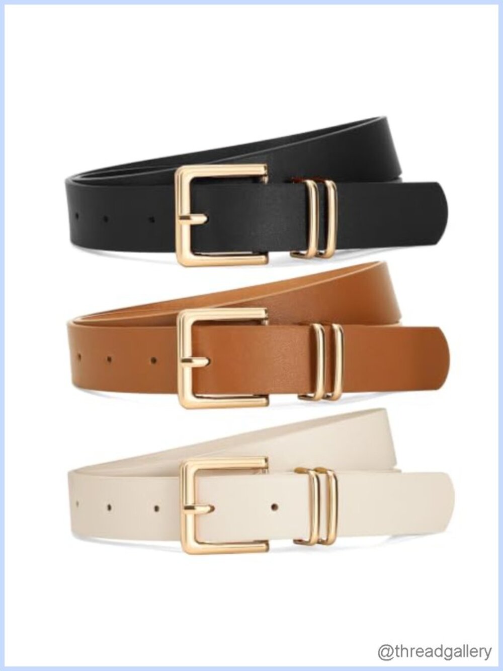 3 Pack Women's Faux Leather Belts Gold Square Buckle Waist Belt